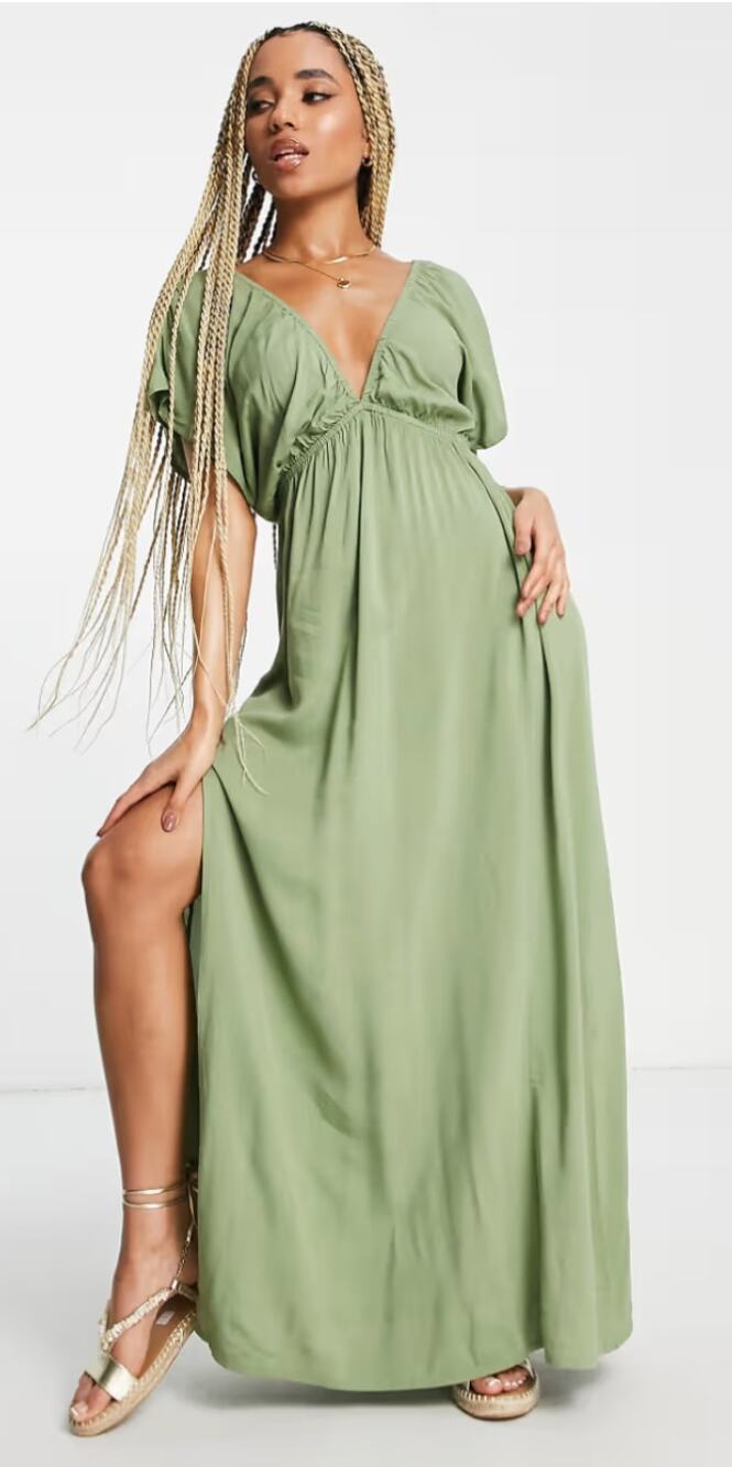 ASOS Design Flutter Sleeve Maxi Beach Dress in Khaki Green - KHAKI Women's sz. 6